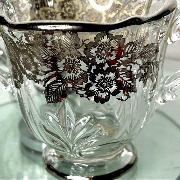 Fostoria Baroque Cream and Sugar with Silver Overlay of Wild Roses Elegant Glass - Picture 6 of 13